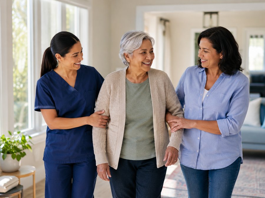 A warm, supportive walk through a bright home with a caregiver walking beside a family member.